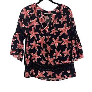 Crown‎ & Ivy Blue Red Lace Panel Inserts Starfish Pattern Tunic Petite Medium